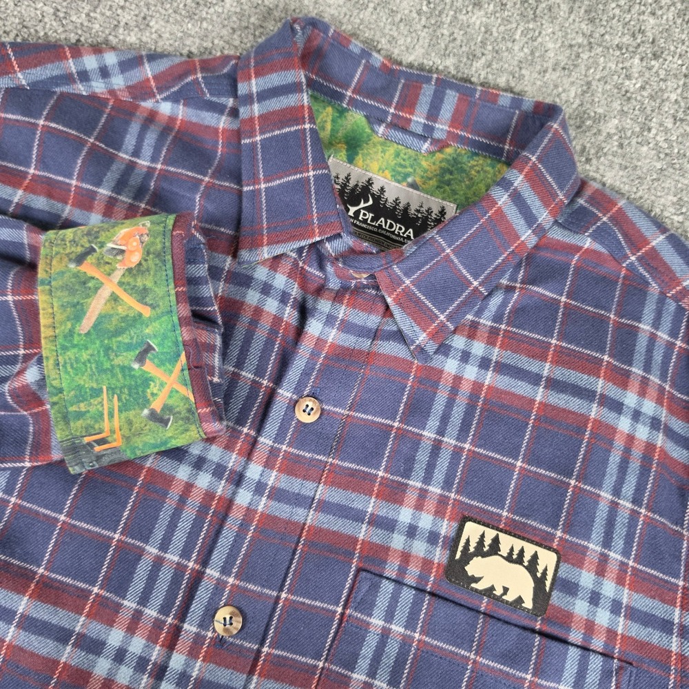 Pladra Flannel Shirt Mens Large Blue Red Plaid Bear Patch Hidden Print USA Made